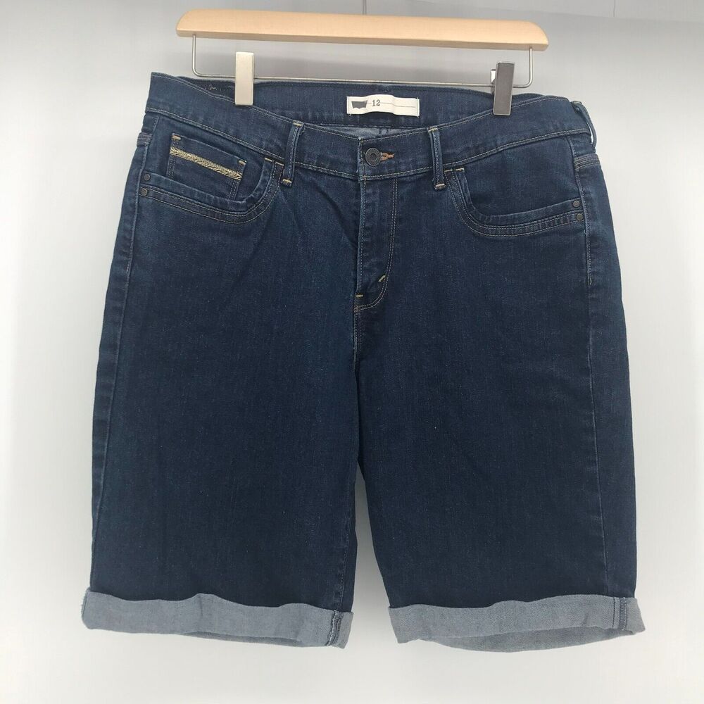 Levis Shorts Womens 12 Dark Wash Cuffed Bermuda Denim Jean Embroidered Pockets